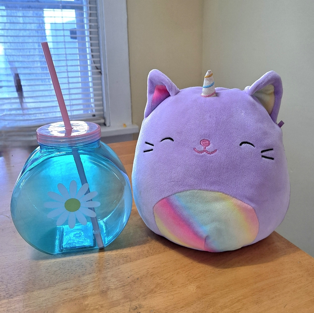 Easter* EUC Squishmallow Kitty Cat And Fish Bowel Tumbler Set